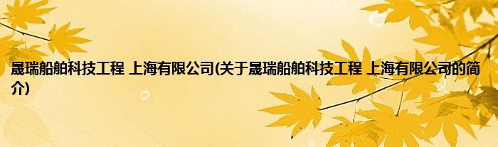 晟瑞船舶科技工程 上海有限公司(关于晟瑞船舶科技工程 上海有限公司的简介)