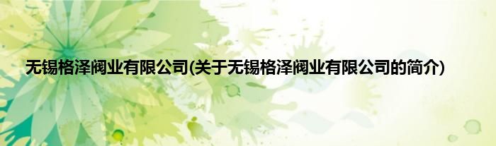 无锡格泽阀业有限公司(关于无锡格泽阀业有限公司的简介)