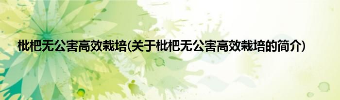 枇杷无公害高效栽培(关于枇杷无公害高效栽培的简介)